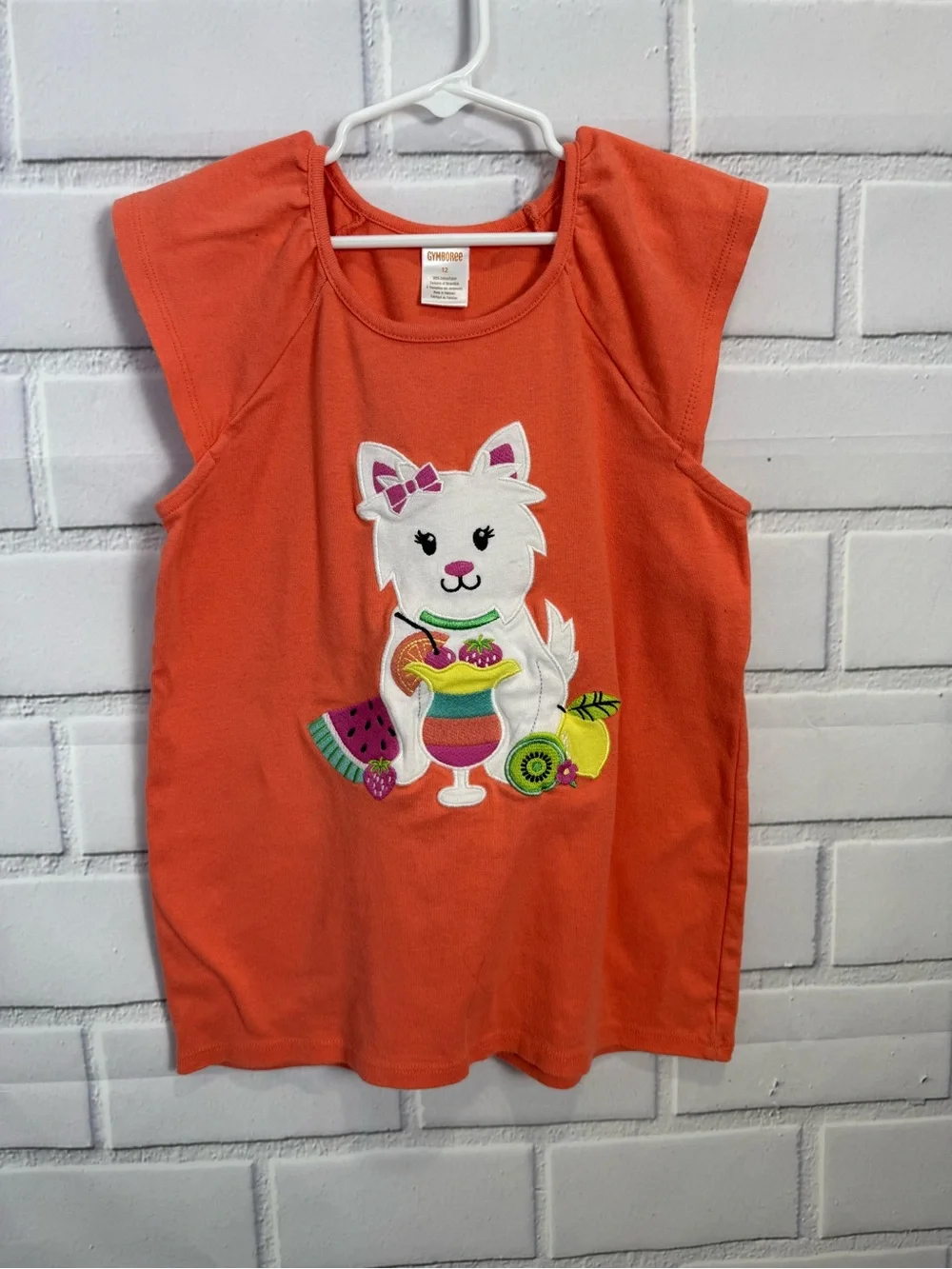 Gymboree Girls Orange Kitty Graphic Flutter Sleeve Top Size 12 Summer Cute